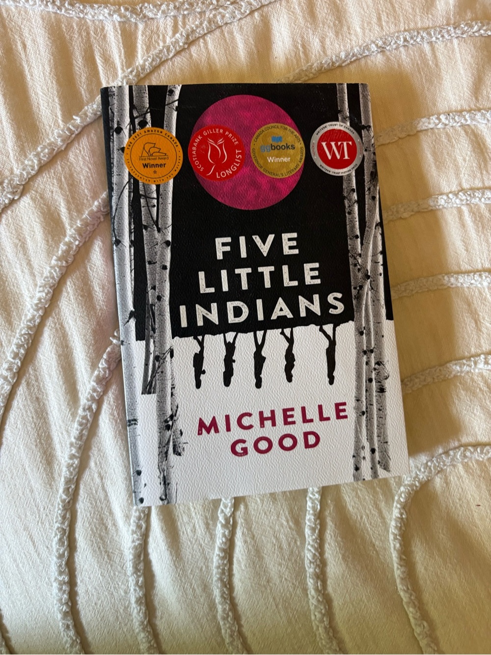 Five Little Indians by Michelle Good — White and Black Cover with Pink Accent